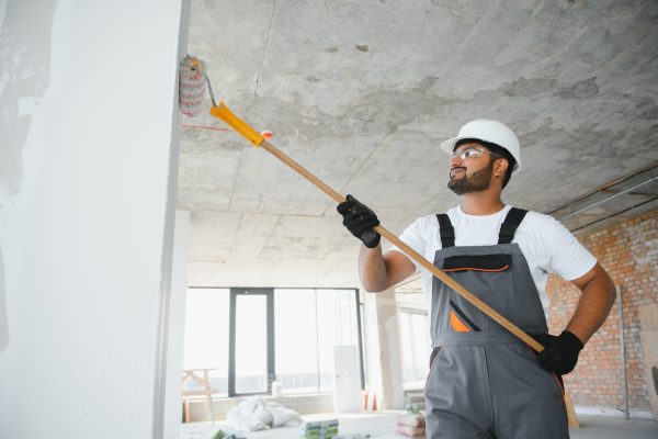 painter doing painting work on wall with roller. concept of hard working, home renovation.