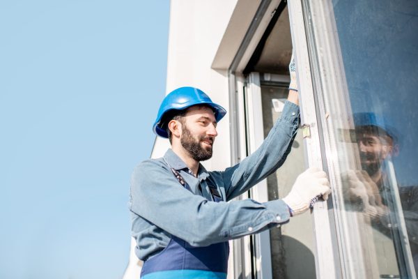 Workman in uniform mounting windows checking the level on the white building facade